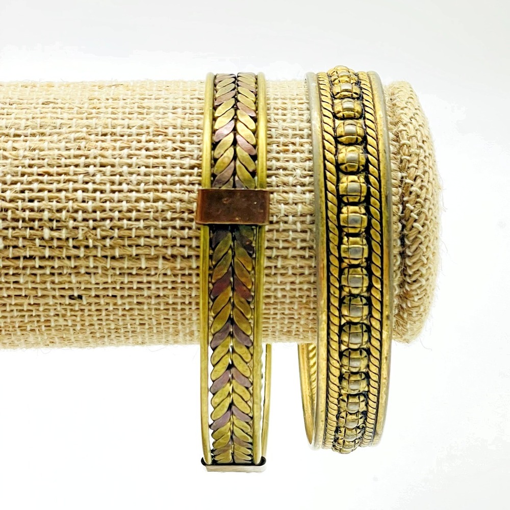 Vintage Gold Tone Cuff Bracelet Lot of 2 Etched Open Bangle Boho Statement